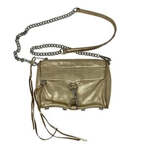 Rebecca Minkoff Mini MAC Metallic Gold Leather Crossbody Bag Silver Chain Strap